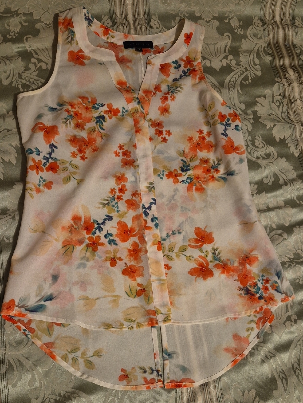 Sleeveless Floral V-Neck Blouse in Orange and White